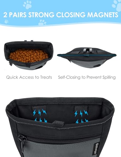 Gobeigo Dog Treat Pouch and Training Clicker – Two Magnetic Closures, 2-Cup Capacity, Poop Bag Dispenser, Adjustable Waist Belt & Metal Clip (Black/Gray)