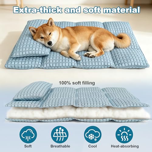 GOLOPET Large Dog Cooling Mat 36x24 with Pillow – Polymer Ice Silk Fabric, Heat Dissipation, Machine Washable