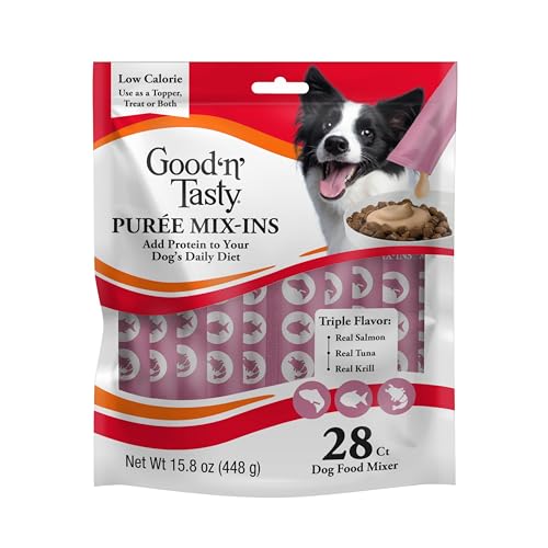 Good ‘n’ Tasty Triple Flavor Puree Mix-Ins – Salmon, Tuna & Krill Dog Food Topper, 28 Single-Serve Packets