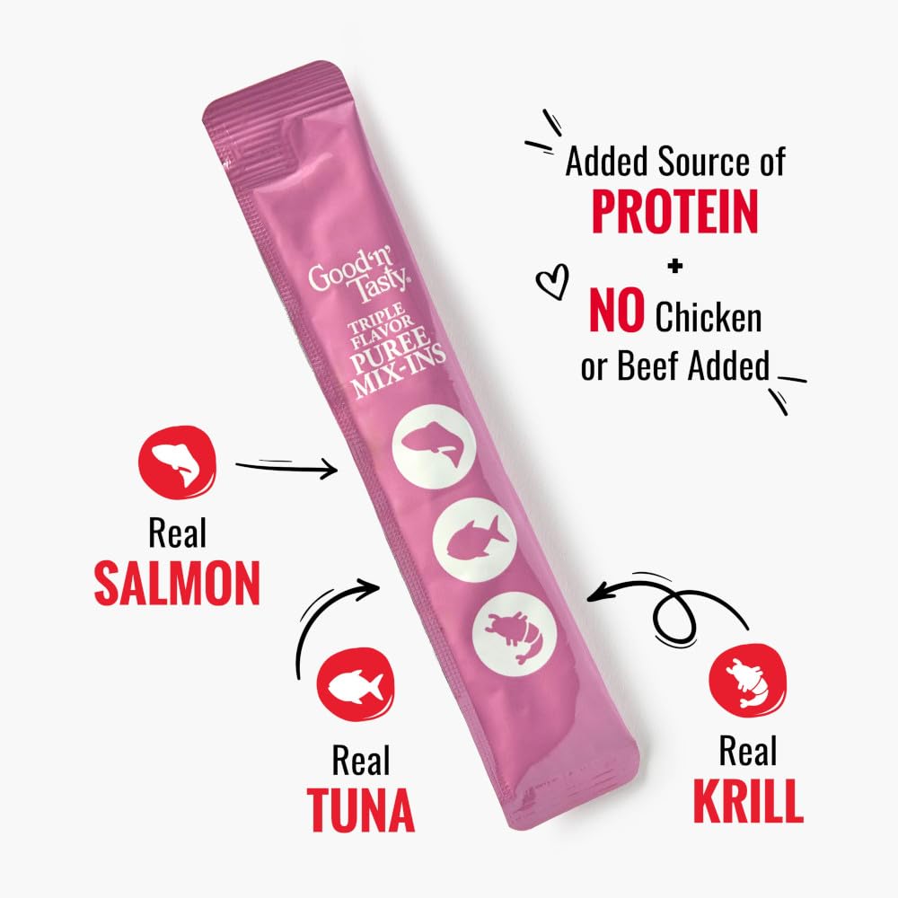 Good ‘n’ Tasty Triple Flavor Puree Mix-Ins – Salmon, Tuna & Krill Dog Food Topper, 28 Single-Serve Packets