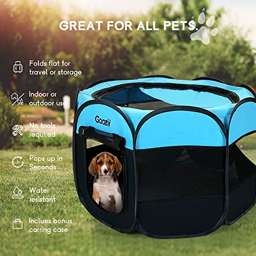 GOOZII Portable Dog Playpen – Collapsible Pet Playpen with Zipper Door, Waterproof 600D Fabric, Indoor/Outdoor, Small Animals up to 10 lbs (29x29x17 inches, Black/Blue)