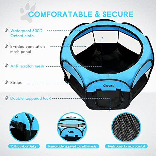 GOOZII Portable Dog Playpen – Collapsible Pet Playpen with Zipper Door, Waterproof 600D Fabric, Indoor/Outdoor, Small Animals up to 10 lbs (29x29x17 inches, Black/Blue)
