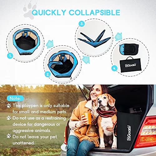 GOOZII Portable Dog Playpen – Collapsible Pet Playpen with Zipper Door, Waterproof 600D Fabric, Indoor/Outdoor, Small Animals up to 10 lbs (29x29x17 inches, Black/Blue)