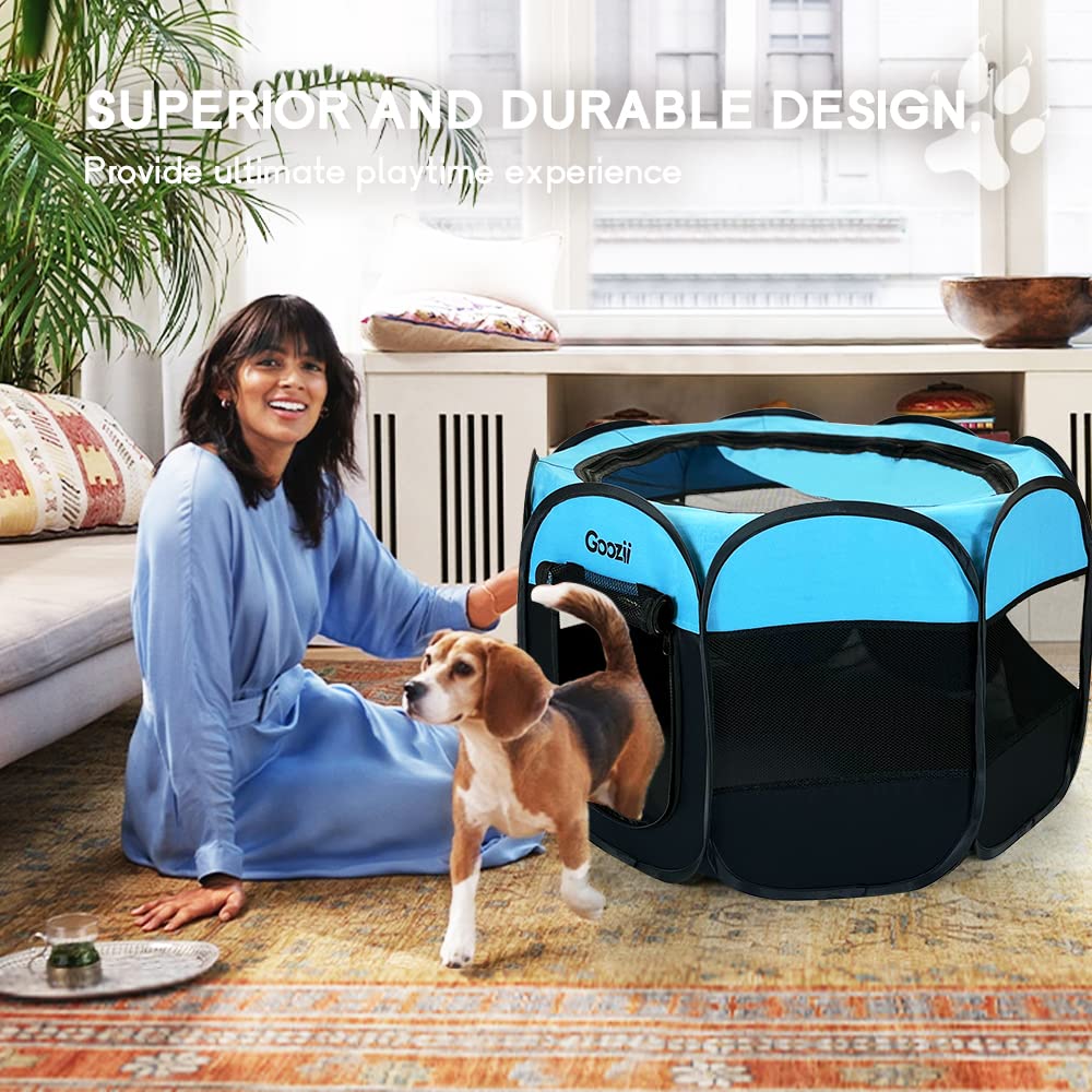 GOOZII Portable Dog Playpen – Collapsible Pet Playpen with Zipper Door, Waterproof 600D Fabric, Indoor/Outdoor, Small Animals up to 10 lbs (29x29x17 inches, Black/Blue)
