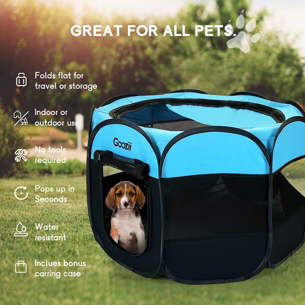GOOZII Portable Dog Playpen – Collapsible Pet Playpen with Zipper Door, Waterproof 600D Fabric, Indoor/Outdoor, Small Animals up to 10 lbs (29x29x17 inches, Black/Blue)
