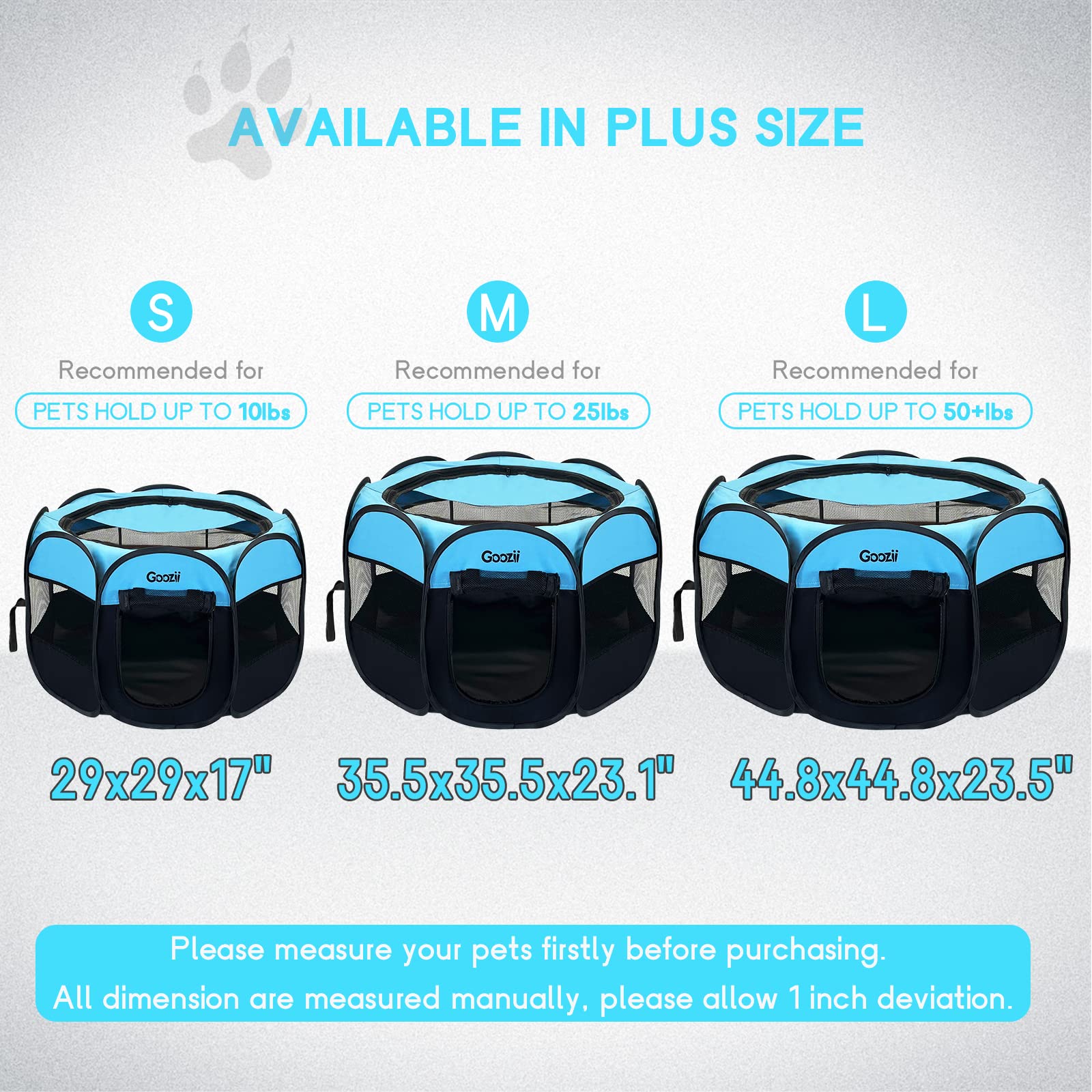 GOOZII Portable Dog Playpen – Collapsible Pet Playpen with Zipper Door, Waterproof 600D Fabric, Indoor/Outdoor, Small Animals up to 10 lbs (29x29x17 inches, Black/Blue)