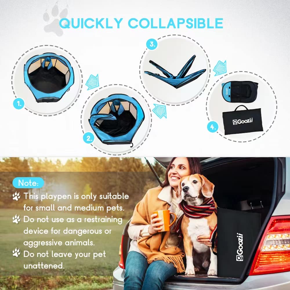 GOOZII Portable Dog Playpen – Collapsible Pet Playpen with Zipper Door, Waterproof 600D Fabric, Indoor/Outdoor, Small Animals up to 10 lbs (29x29x17 inches, Black/Blue)