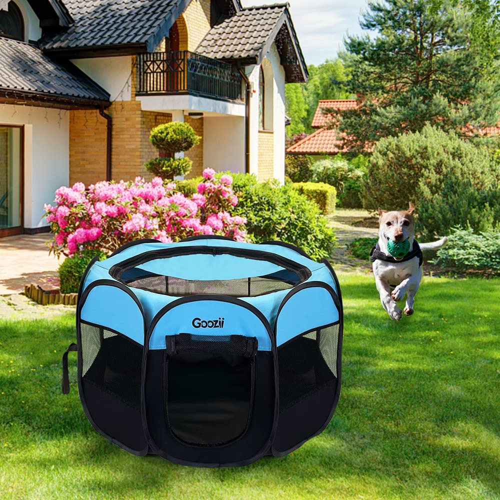GOOZII Portable Dog Playpen – Collapsible Pet Playpen with Zipper Door, Waterproof 600D Fabric, Indoor/Outdoor, Small Animals up to 10 lbs (29x29x17 inches, Black/Blue)