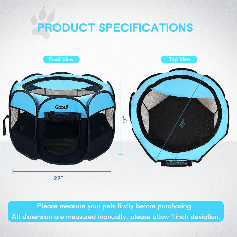 GOOZII Portable Dog Playpen – Collapsible Pet Playpen with Zipper Door, Waterproof 600D Fabric, Indoor/Outdoor, Small Animals up to 10 lbs (29x29x17 inches, Black/Blue)