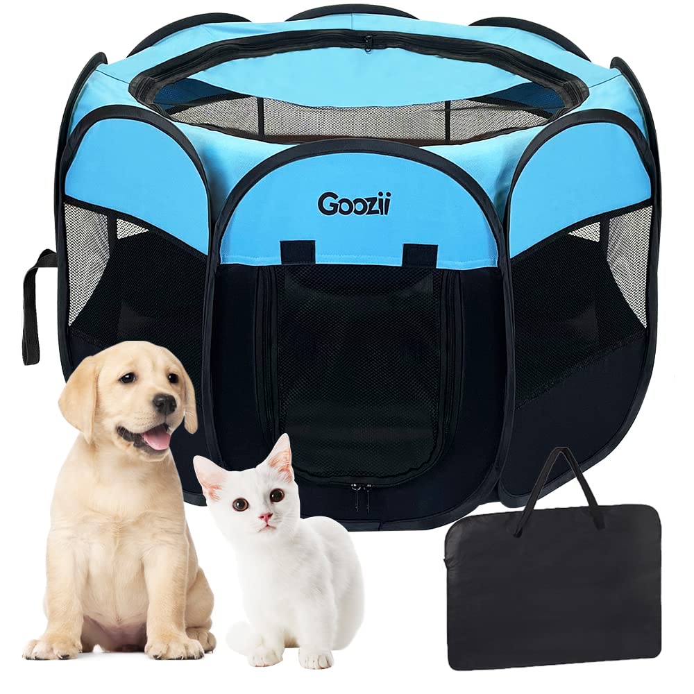GOOZII Portable Dog Playpen – Collapsible Pet Playpen with Zipper Door, Waterproof 600D Fabric, Indoor/Outdoor, Small Animals up to 10 lbs (29x29x17 inches, Black/Blue)