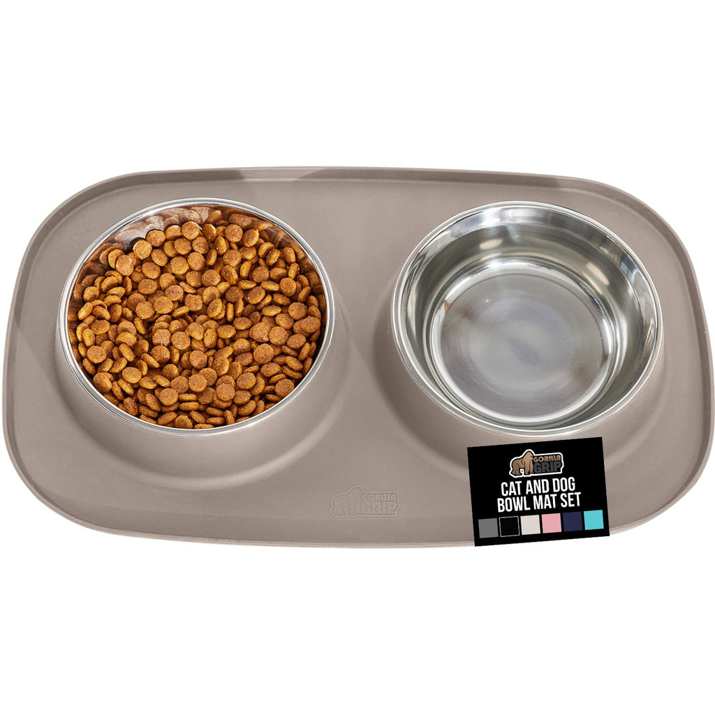GORILLA GRIP Dog Bowl Set (1 Cup, Beige) - Stainless Steel Bowls with Silicone Feeding Mat, Non-Slip Base, Dishwasher Safe