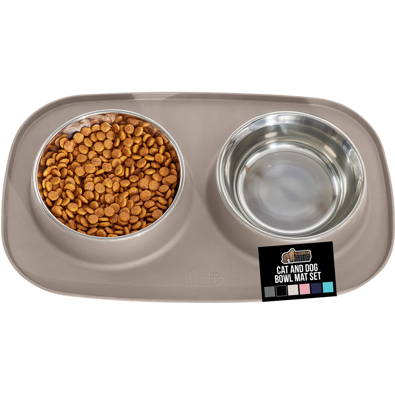 GORILLA GRIP Dog Bowl Set (1 Cup, Beige) - Stainless Steel Bowls with Silicone Feeding Mat, Non-Slip Base, Dishwasher Safe