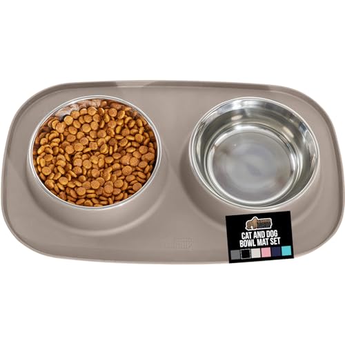 GORILLA GRIP Dog Bowl Set (1 Cup, Beige) - Stainless Steel Bowls with Silicone Feeding Mat, Non-Slip Base, Dishwasher Safe