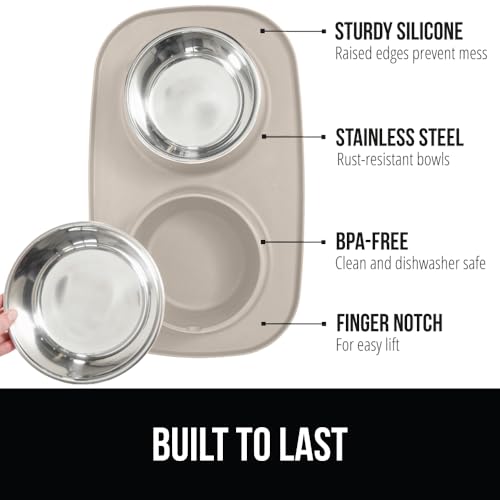 GORILLA GRIP Dog Bowl Set (1 Cup, Beige) - Stainless Steel Bowls with Silicone Feeding Mat, Non-Slip Base, Dishwasher Safe