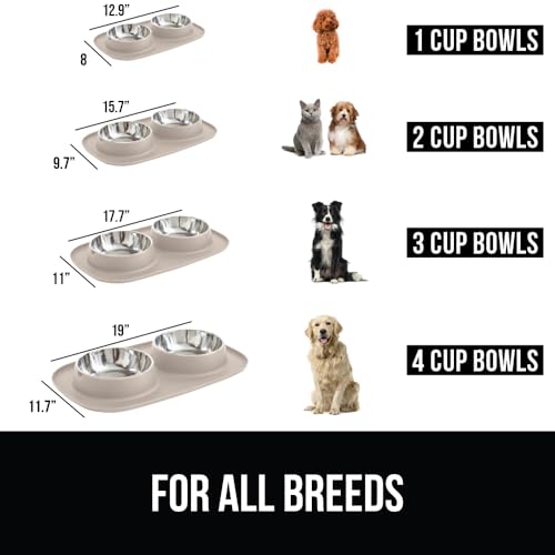 GORILLA GRIP Dog Bowl Set (1 Cup, Beige) - Stainless Steel Bowls with Silicone Feeding Mat, Non-Slip Base, Dishwasher Safe