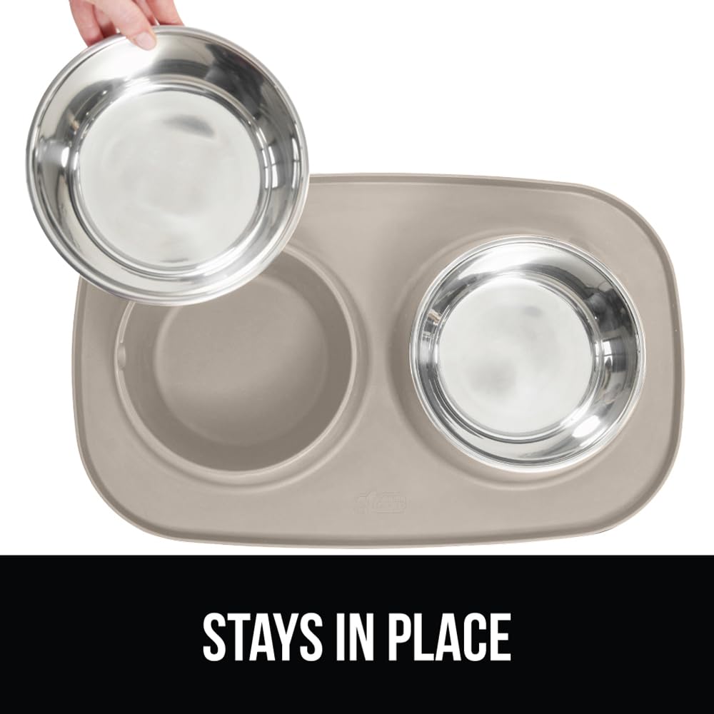GORILLA GRIP Dog Bowl Set (1 Cup, Beige) - Stainless Steel Bowls with Silicone Feeding Mat, Non-Slip Base, Dishwasher Safe