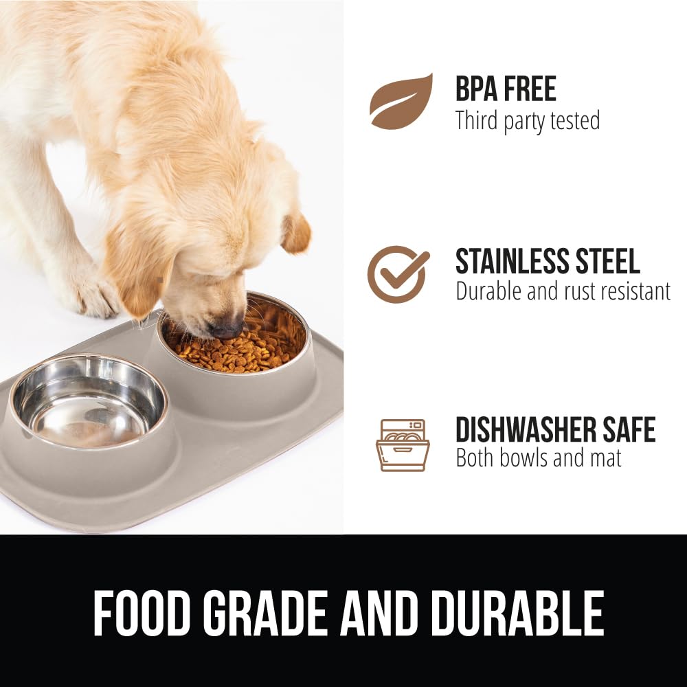 GORILLA GRIP Dog Bowl Set (1 Cup, Beige) - Stainless Steel Bowls with Silicone Feeding Mat, Non-Slip Base, Dishwasher Safe
