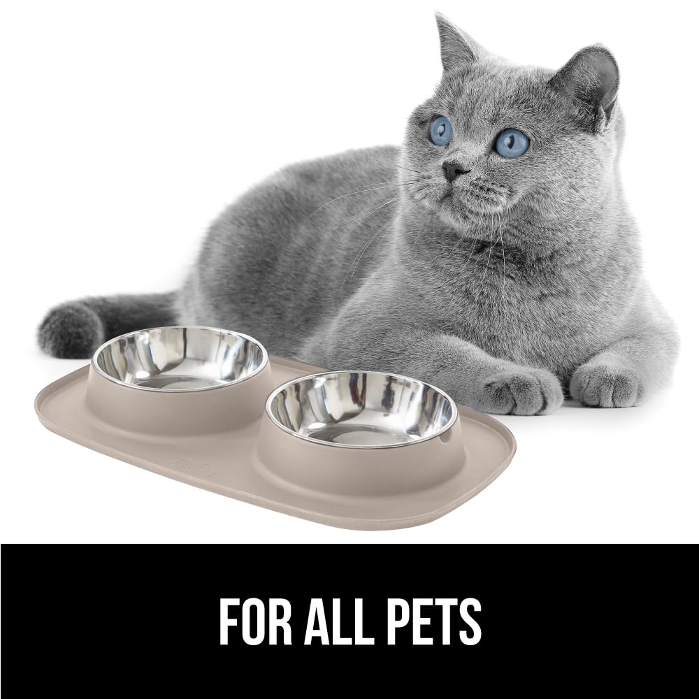 GORILLA GRIP Dog Bowl Set (1 Cup, Beige) - Stainless Steel Bowls with Silicone Feeding Mat, Non-Slip Base, Dishwasher Safe