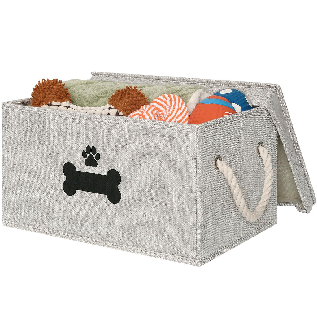 Gray Dog Toy Storage Basket with Lid – Collapsible Pet Toy Organizer by GreenPetopia