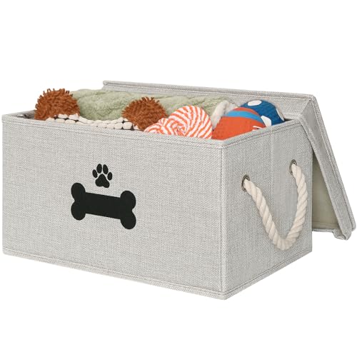 Gray Dog Toy Storage Basket with Lid – Collapsible Pet Toy Organizer by GreenPetopia