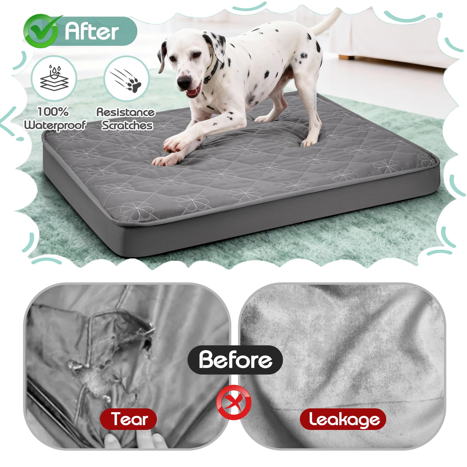 Greatbond Waterproof Dog Bed Cover Replacement - 35x44 Inch Noiseless Quilted Fitted Sheet with Elastic Band, Grey (Cover Only)