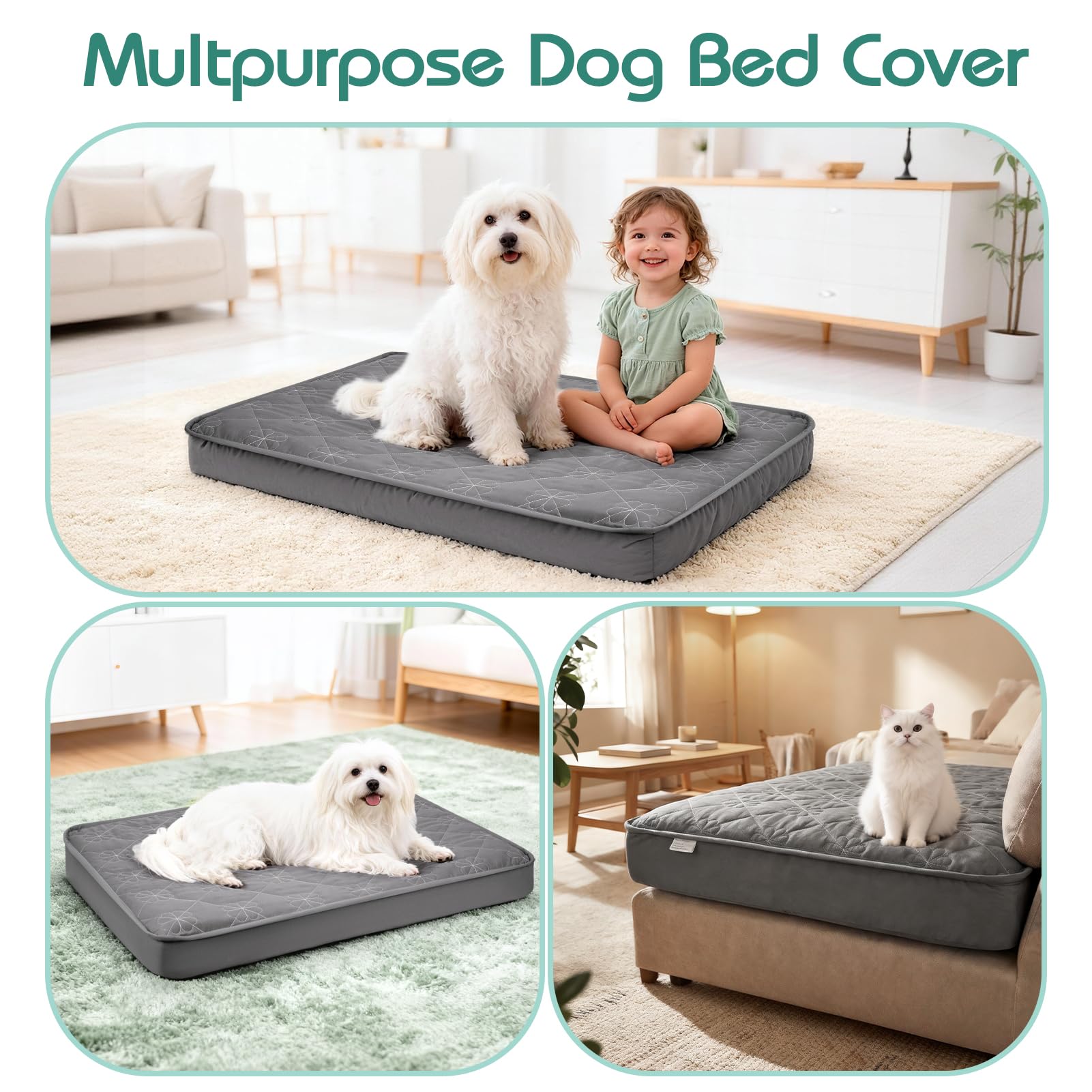 Greatbond Waterproof Dog Bed Cover Replacement - 35x44 Inch Noiseless Quilted Fitted Sheet with Elastic Band, Grey (Cover Only)
