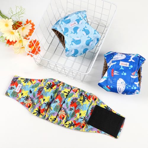 Grecle 5 Pack Reusable Male Dog Diapers - Medium Belly Bands with Hawaii Patterns, High Absorption Leak-Proof Wraps