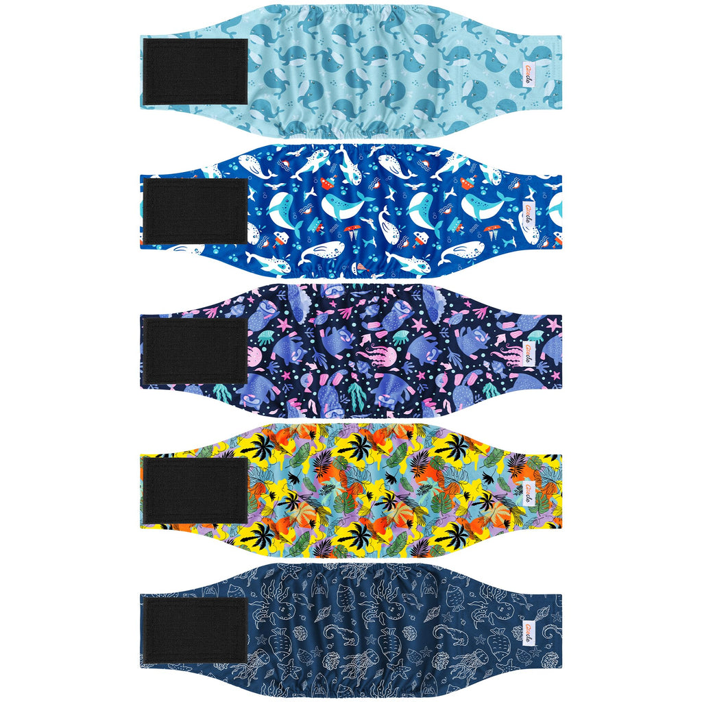 Grecle 5 Pack Reusable Male Dog Diapers - Medium Belly Bands with Hawaii Patterns, High Absorption Leak-Proof Wraps
