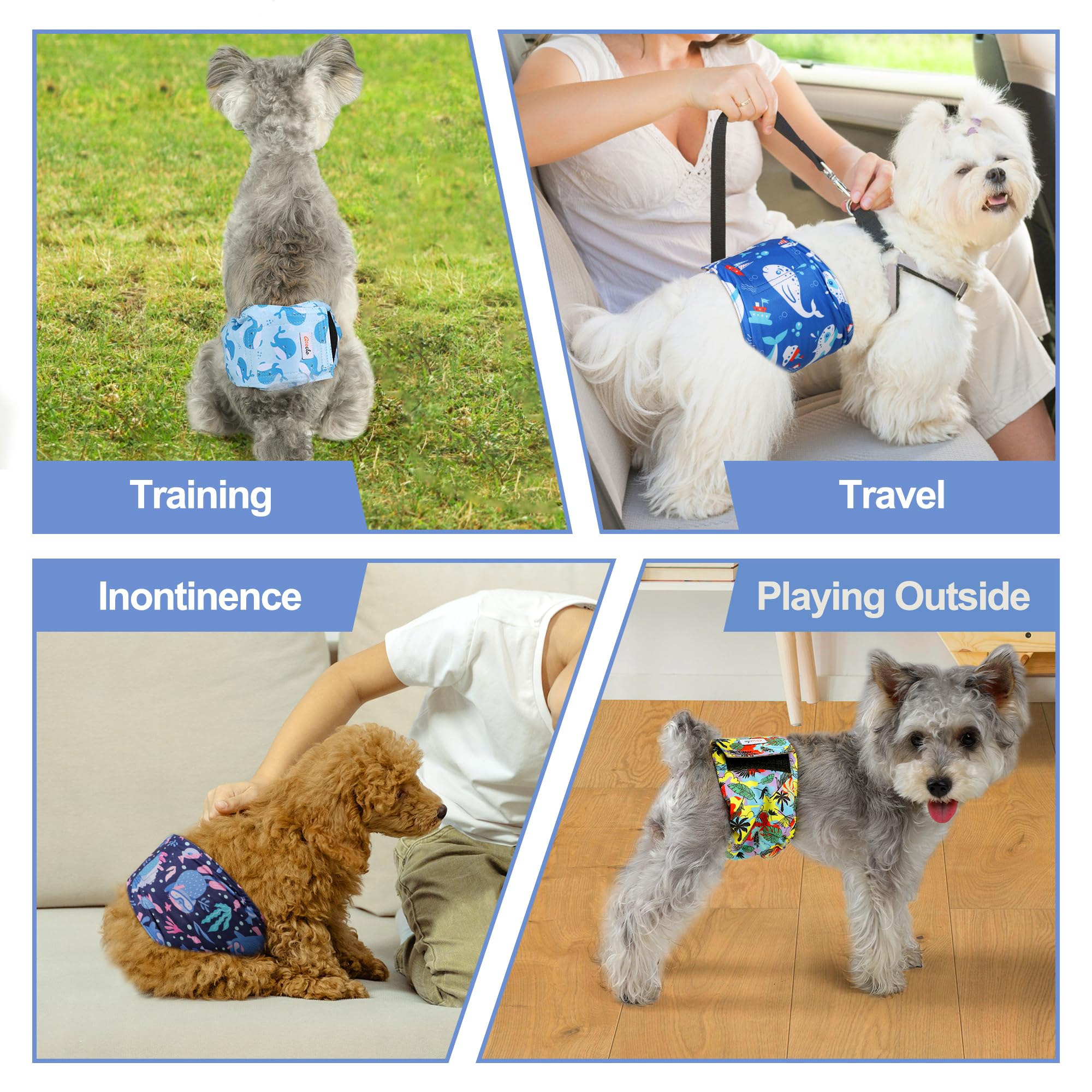 Grecle 5 Pack Reusable Male Dog Diapers - Medium Belly Bands with Hawaii Patterns, High Absorption Leak-Proof Wraps