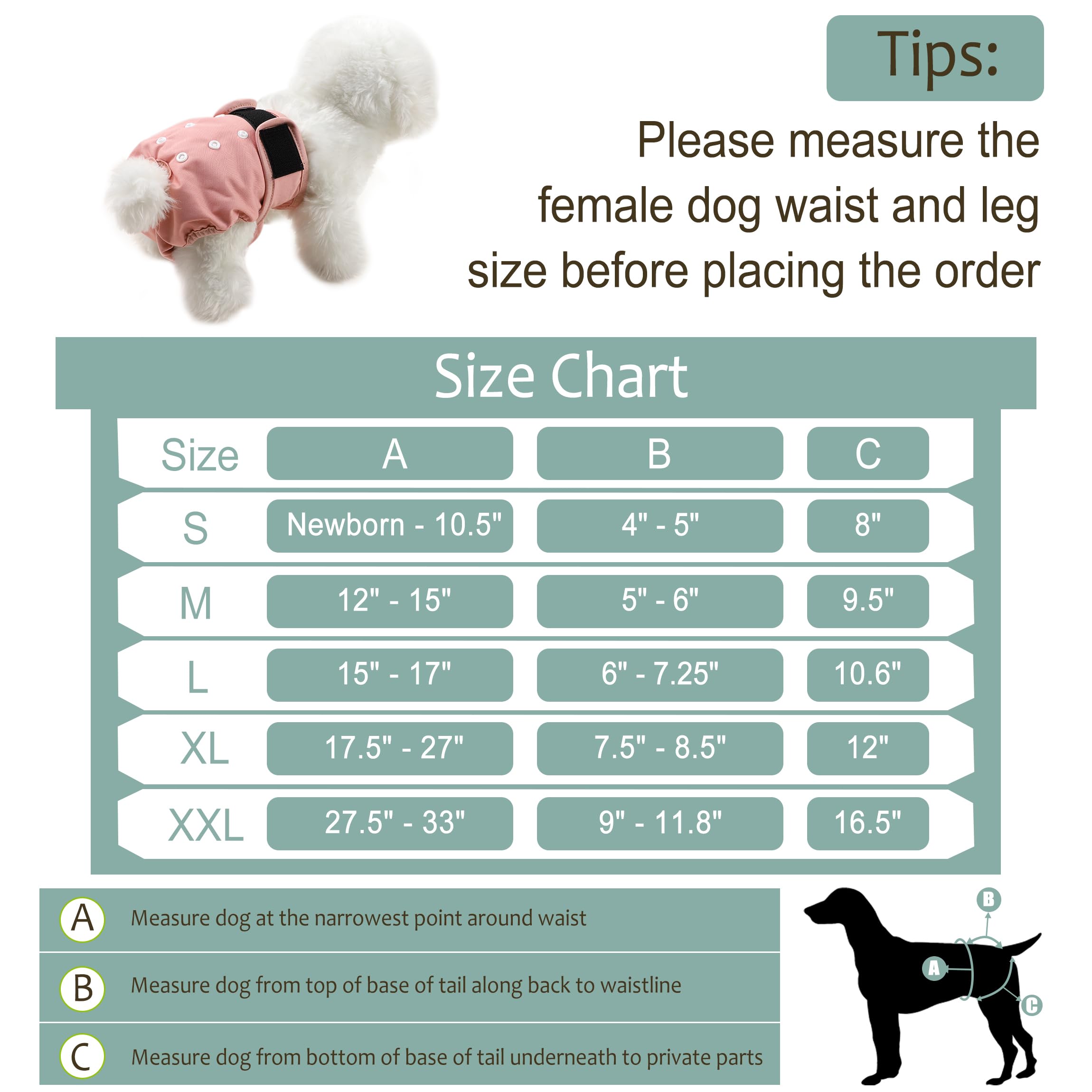 Grecle Washable Female Dog Diapers - Large (15-17" Waist) - Reusable, Highly Absorbent, Adjustable Snaps for Heat & Incontinence