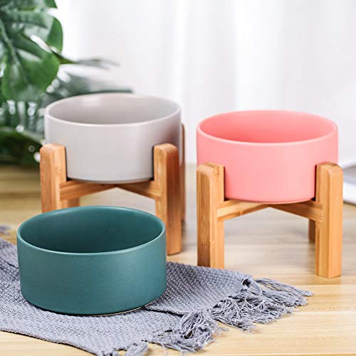 Green Ceramic Elevated Cat Bowl with Wood Stand – Non-Spill Feeder for Cats & Small Dogs