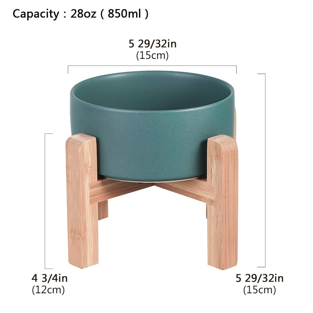Green Ceramic Elevated Cat Bowl with Wood Stand – Non-Spill Feeder for Cats & Small Dogs