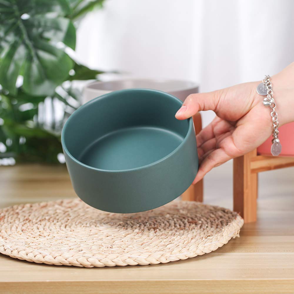 Green Ceramic Elevated Cat Bowl with Wood Stand – Non-Spill Feeder for Cats & Small Dogs