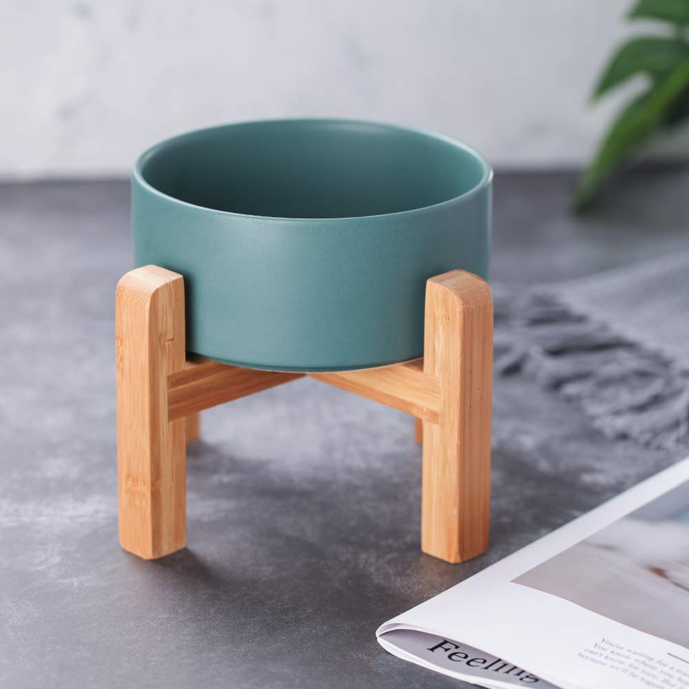 Green Ceramic Elevated Cat Bowl with Wood Stand – Non-Spill Feeder for Cats & Small Dogs