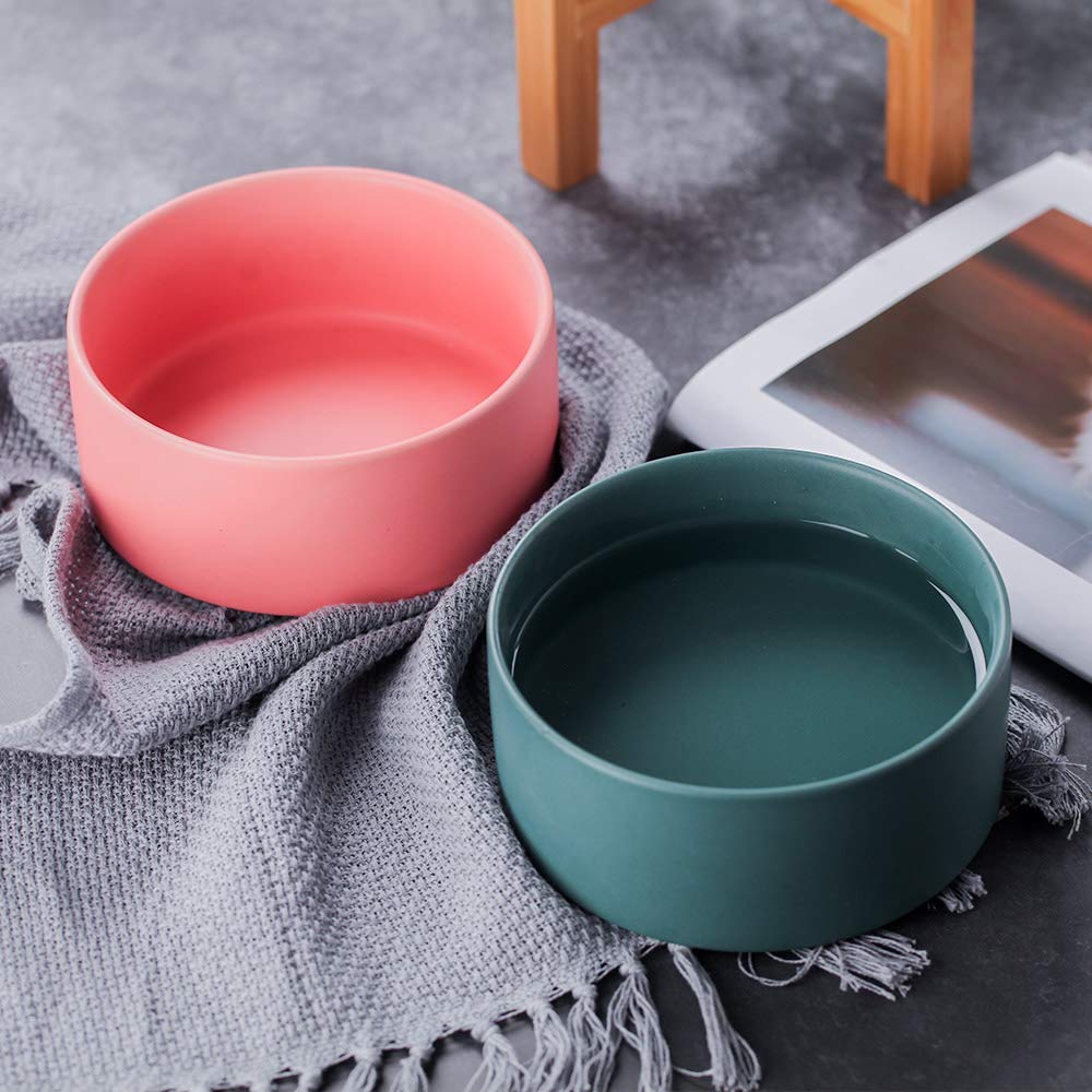 Green Ceramic Elevated Cat Bowl with Wood Stand – Non-Spill Feeder for Cats & Small Dogs