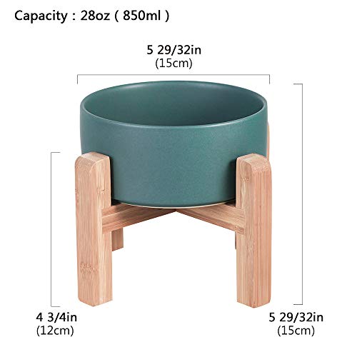 Green Ceramic Elevated Cat Bowl with Wood Stand – Non-Spill Feeder for Cats & Small Dogs