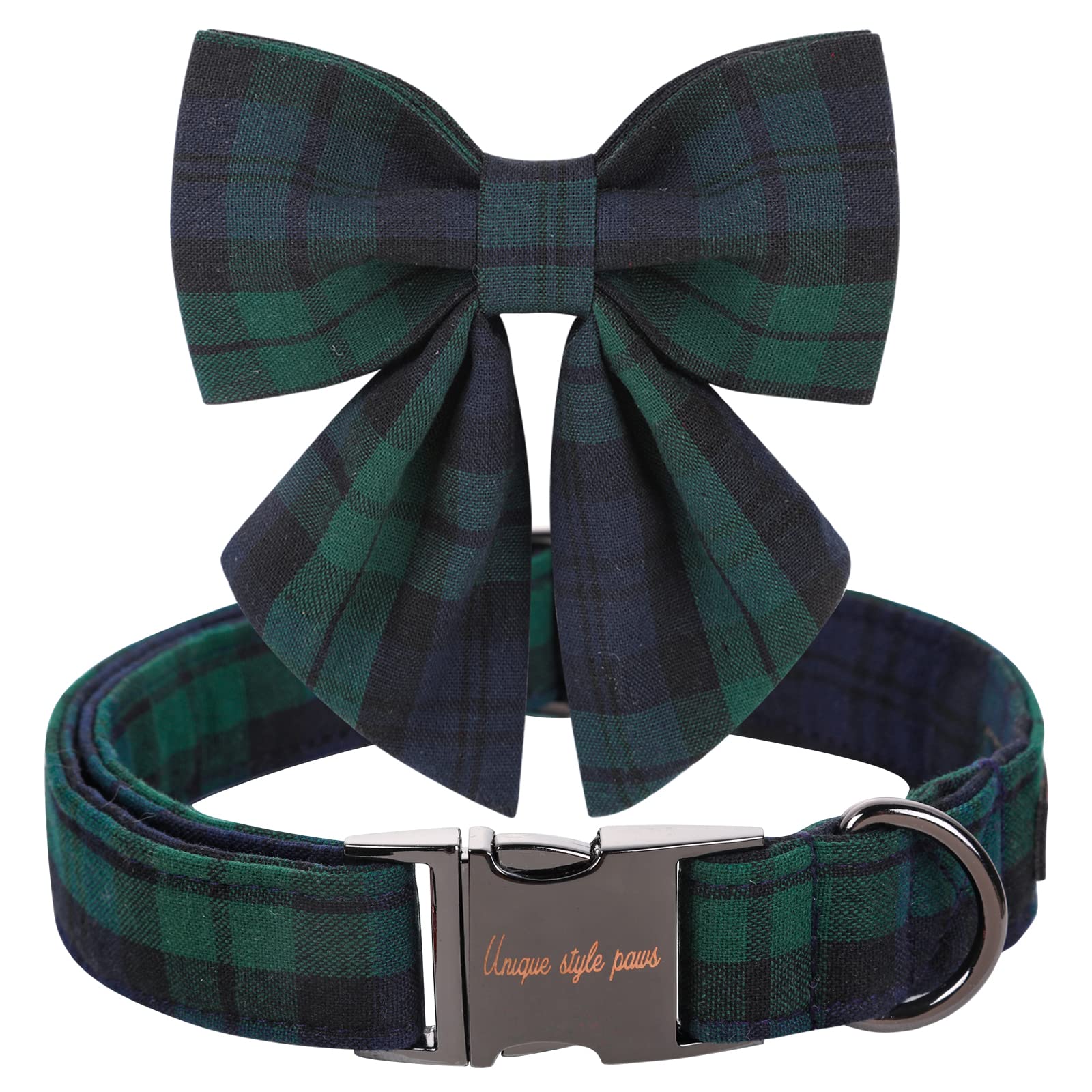 Green Plaid Christmas Dog Collar with Detachable Bow Tie – Adjustable Cotton Puppy Collar for Small to Large Dogs