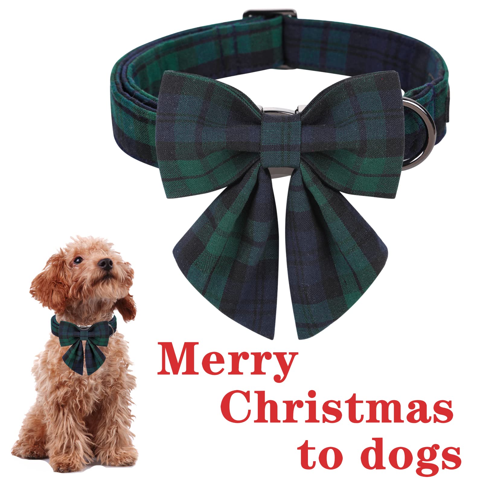 Green Plaid Christmas Dog Collar with Detachable Bow Tie – Adjustable Cotton Puppy Collar for Small to Large Dogs