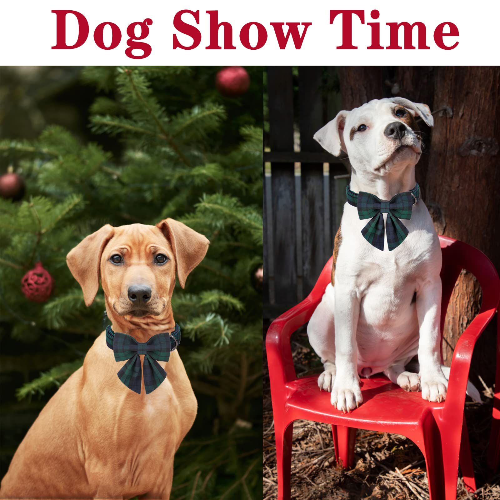 Green Plaid Christmas Dog Collar with Detachable Bow Tie – Adjustable Cotton Puppy Collar for Small to Large Dogs
