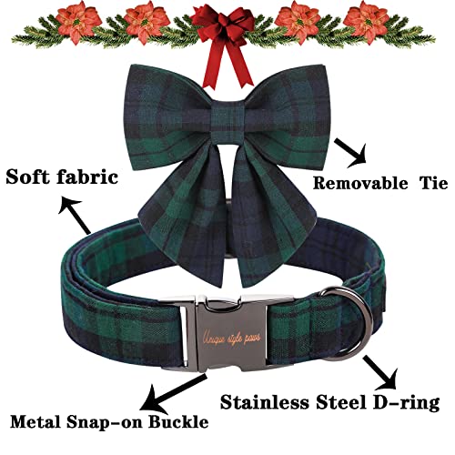 Green Plaid Christmas Dog Collar with Detachable Bow Tie – Adjustable Cotton Puppy Collar for Small to Large Dogs