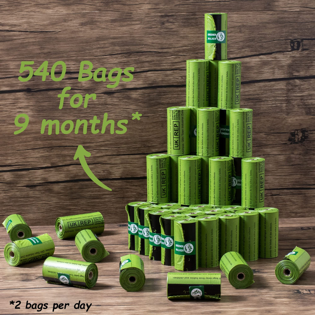 Greener Walker 540-Count Poop Bags for Dogs – Leak-Proof, Extra Thick, Cornstarch Blend (Green)