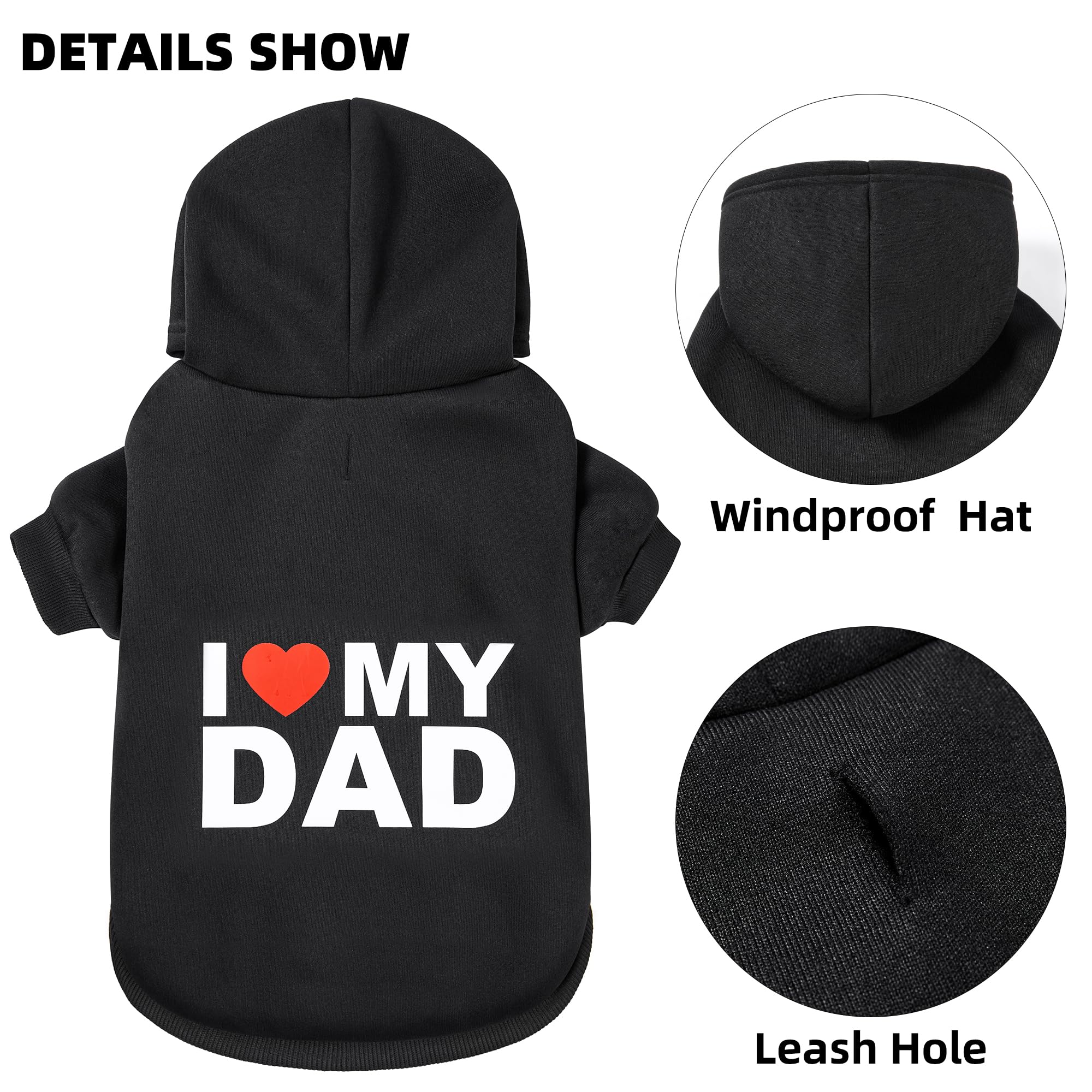 GreenJoy Dog Hoodie 'I Love My Dad' - Large Black, 100% Polyester, Leash Hole, Lightweight