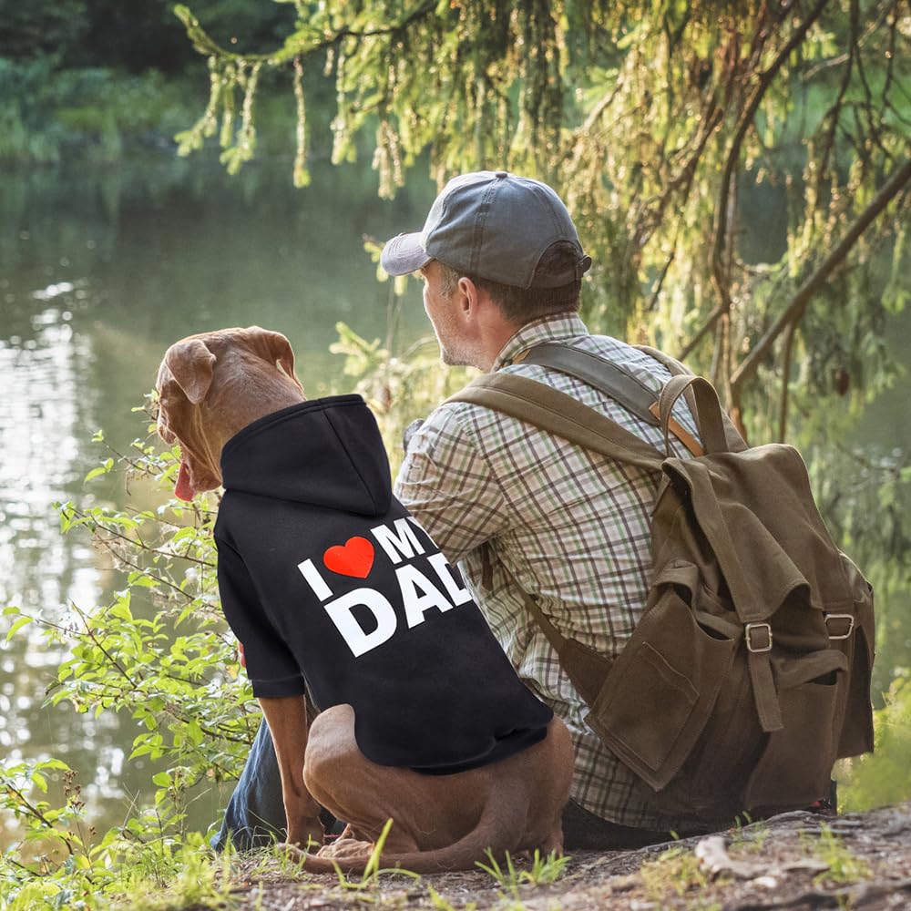 GreenJoy Dog Hoodie 'I Love My Dad' - Large Black, 100% Polyester, Leash Hole, Lightweight