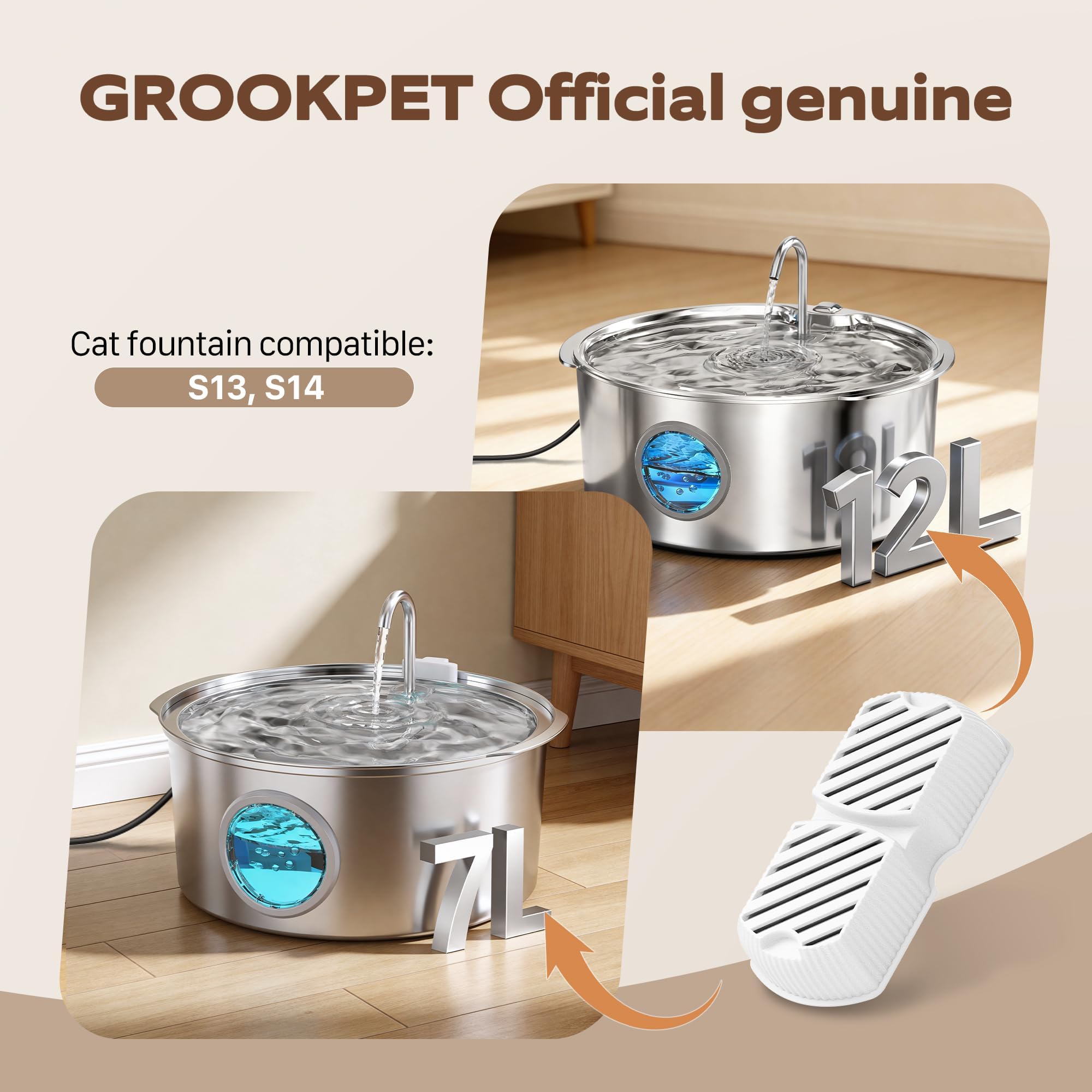 GROOKPET Dog Water Fountain Filters – 12-Pack Replacement with 6 Filters and 6 Sponges for 7L Fountain