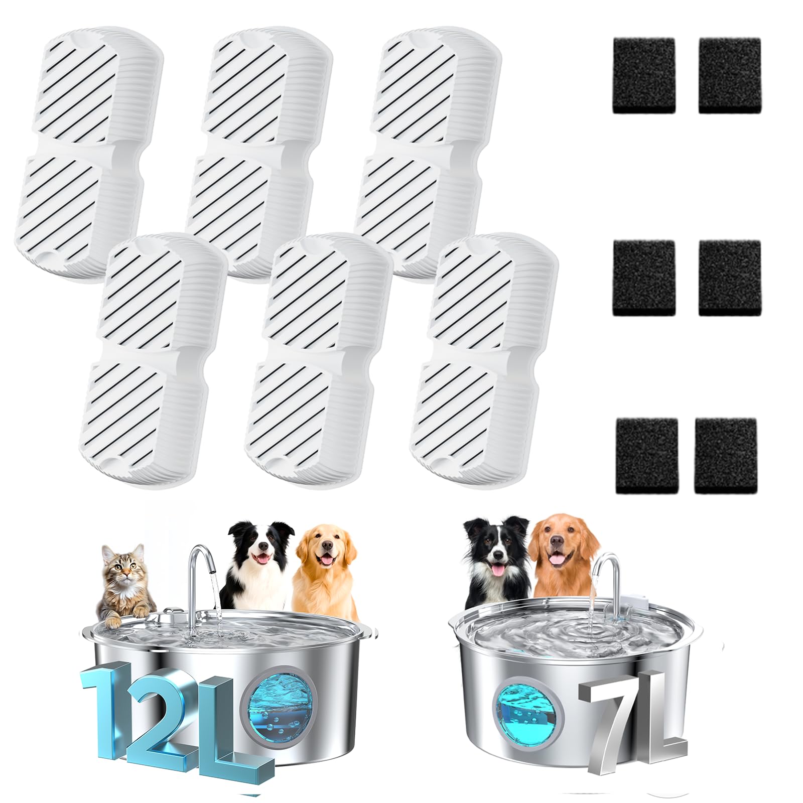 GROOKPET Pet Fountain Filter Replacement – 12 Filters for Large Dog Fountains, 6 Activated Carbon Filters + 6 Sponges, 3-Month Supply