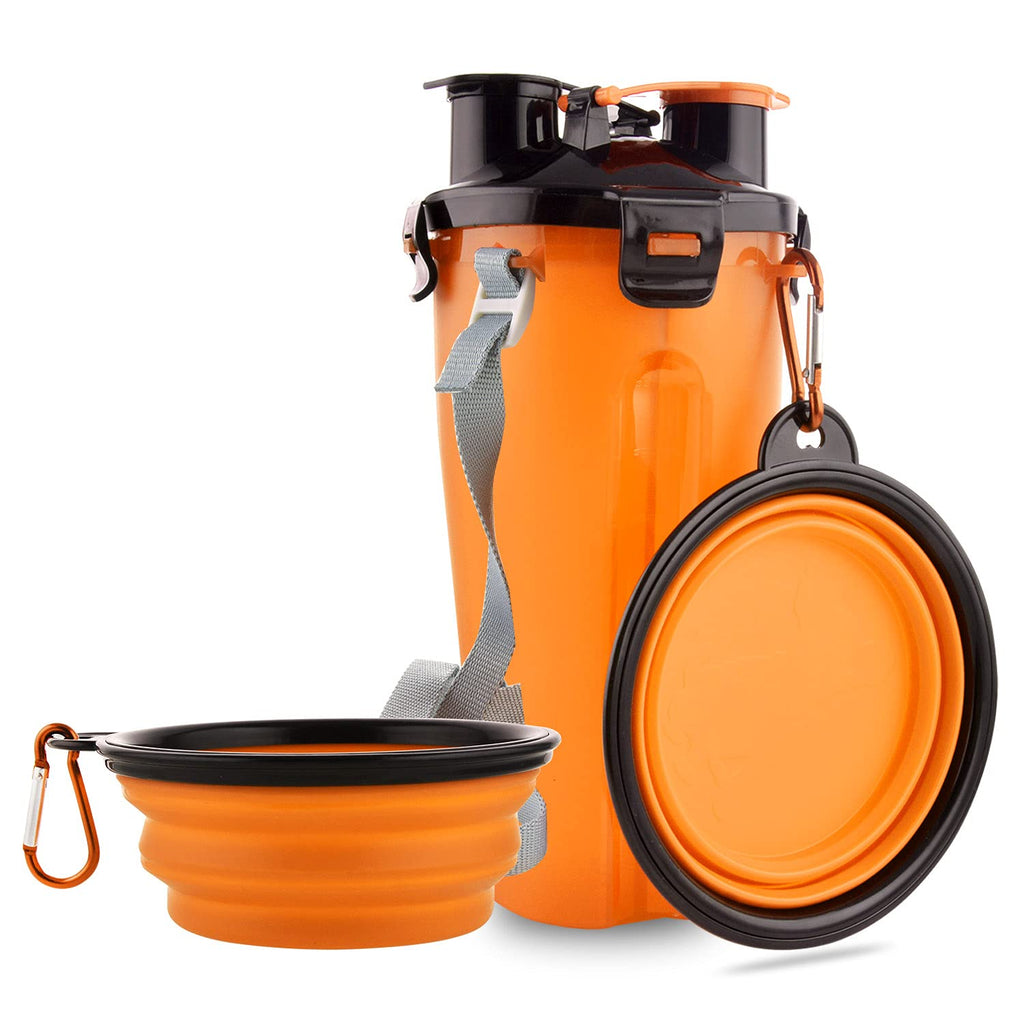 Guardians Dog Travel Water Bottle & Collapsible Bowls Set, 2-in-1 Portable Food & Water Container for Walking, Hiking, Camping (Orange)