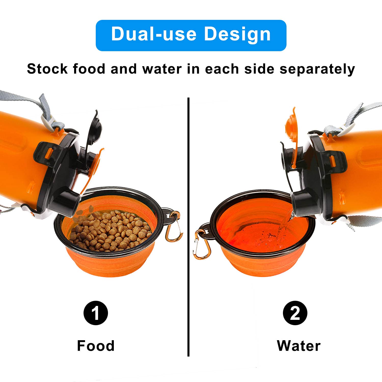 Guardians Dog Travel Water Bottle & Collapsible Bowls Set, 2-in-1 Portable Food & Water Container for Walking, Hiking, Camping (Orange)