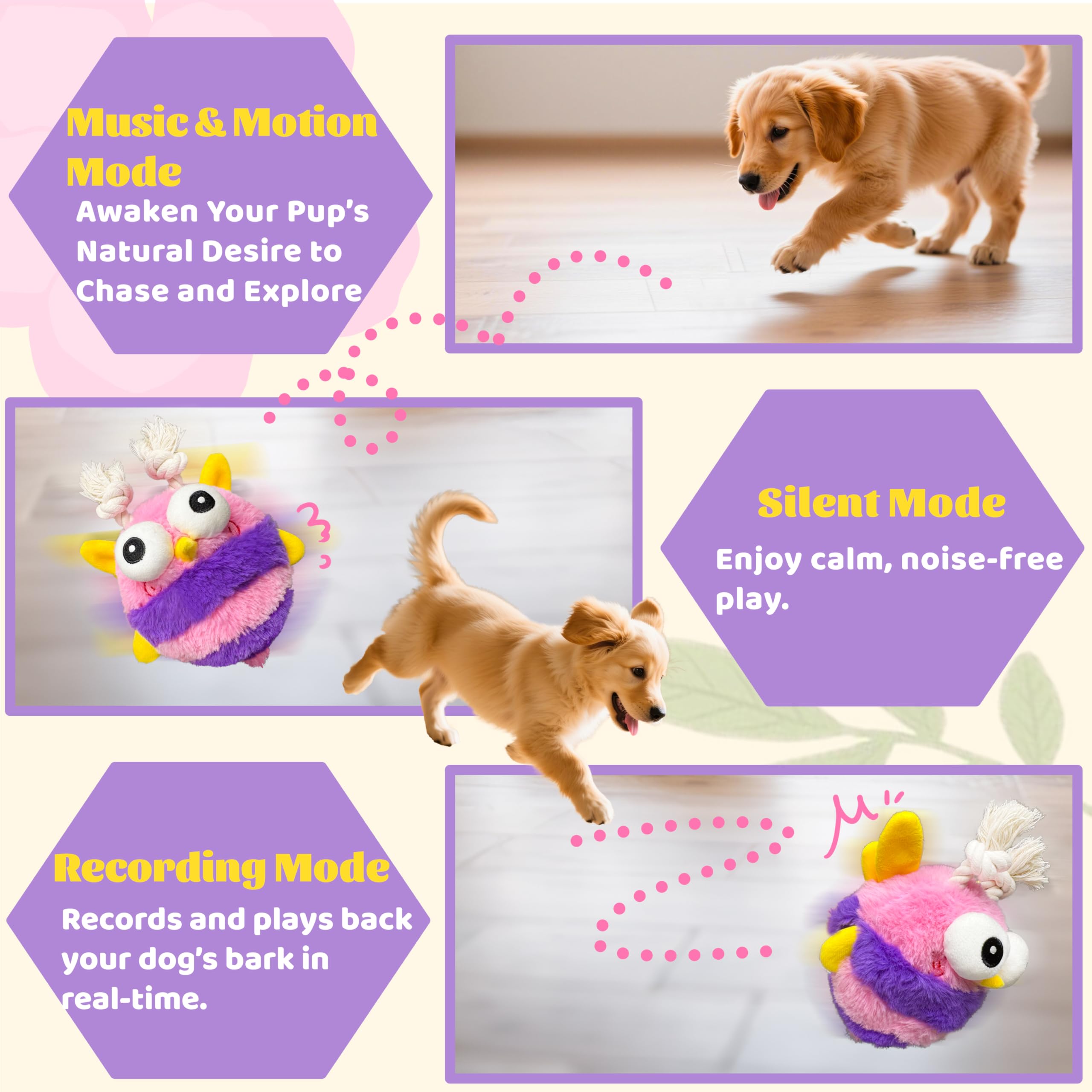 GUKCO Bee Moving Dog Toy – Rechargeable Interactive Toy with Motion-Activated Ball, 3 Play Modes, Recording & Silent Options for All Breeds