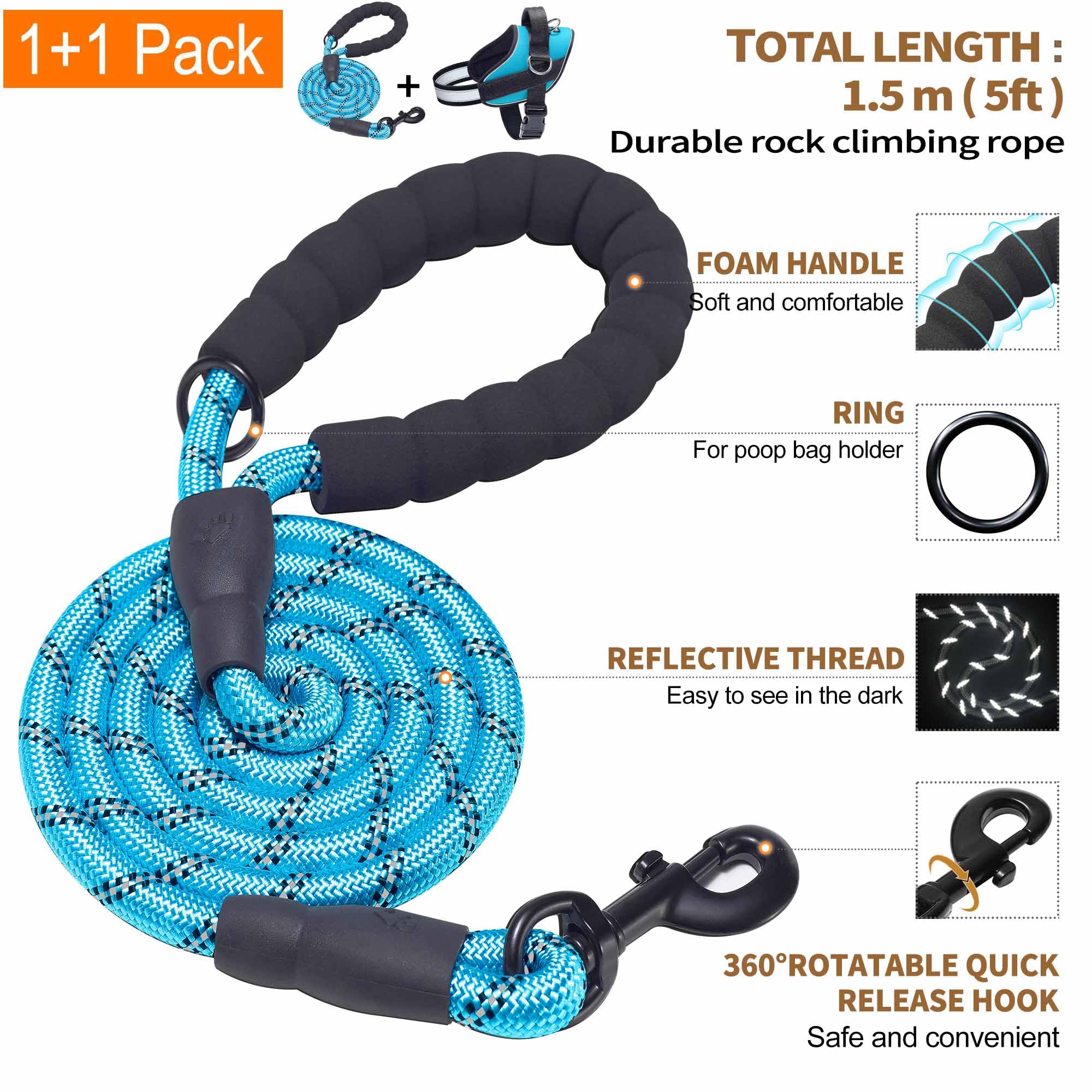 Haapaw Blue Small Dog Harness: No-Pull Vest with 3 Leash Attachments & Bonus Leash