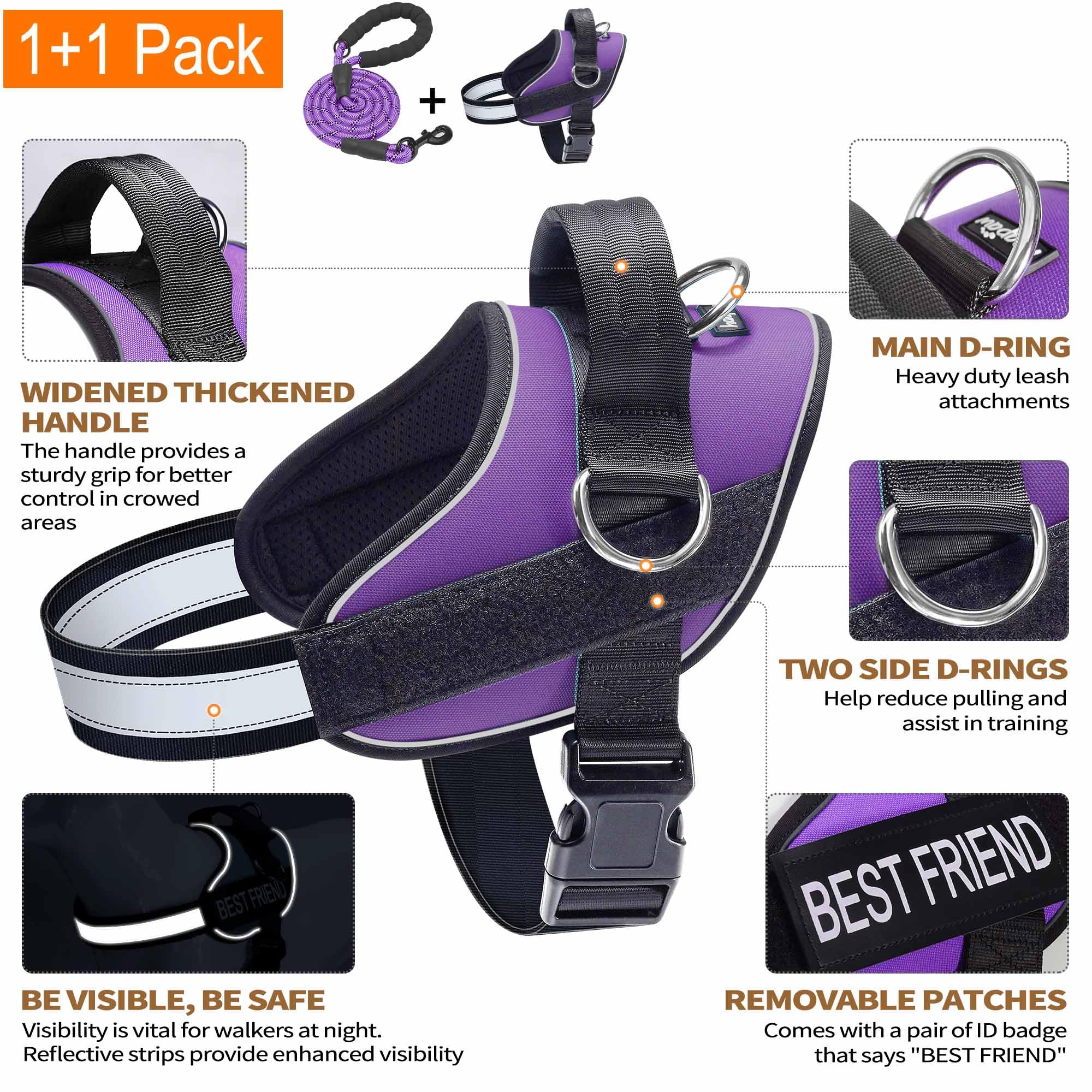 Haapaw Essential Dog Harness - No Pull, 3 Leash Clips, Reflective, Padded Vest for Medium Dogs (Purple, M)